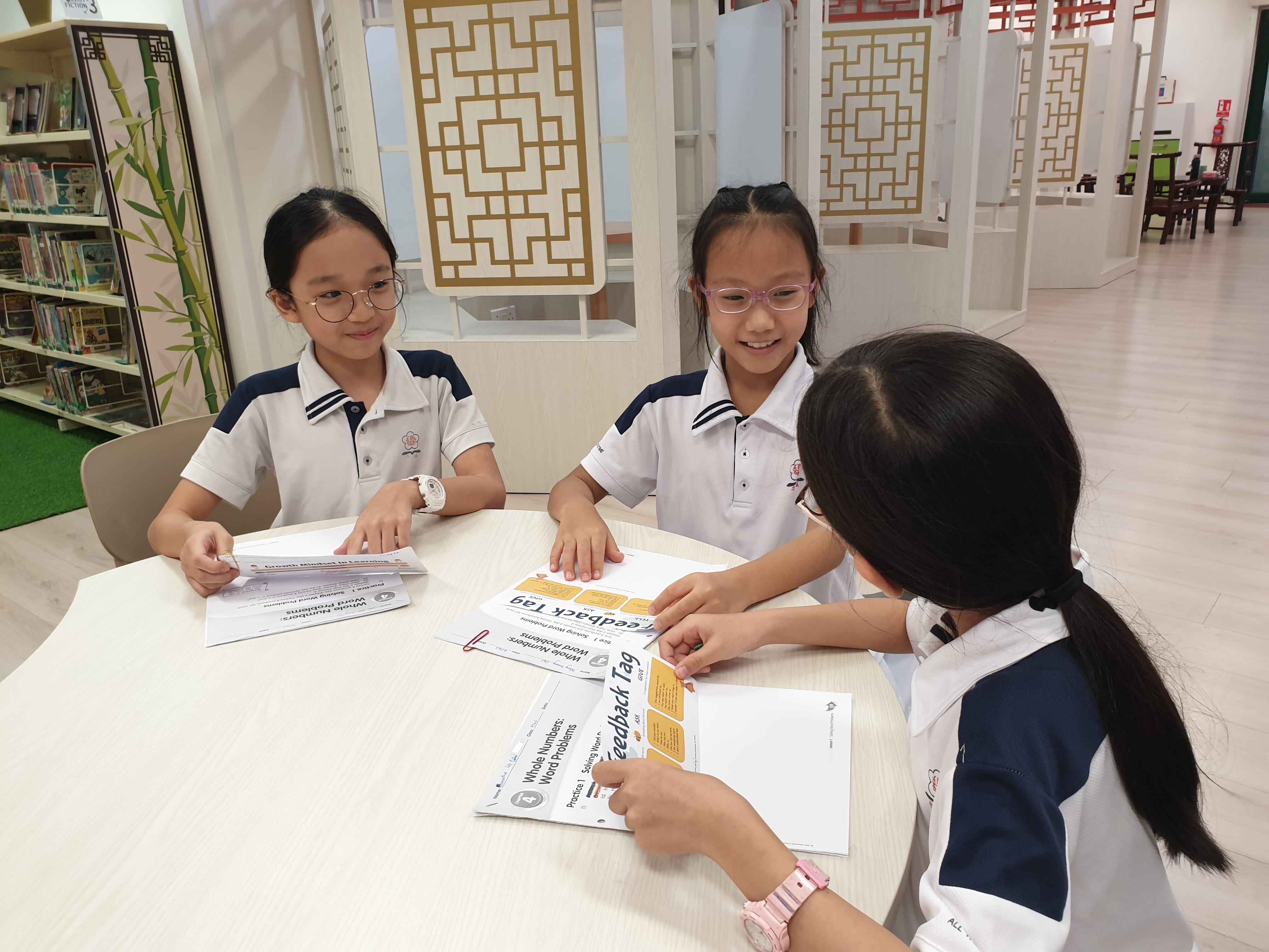 A group of students using the Growth Mindset Ruler and Feedback TAG (Tell me something you like, Ask a question, Give a positive suggestion) to support the learning of their peers.